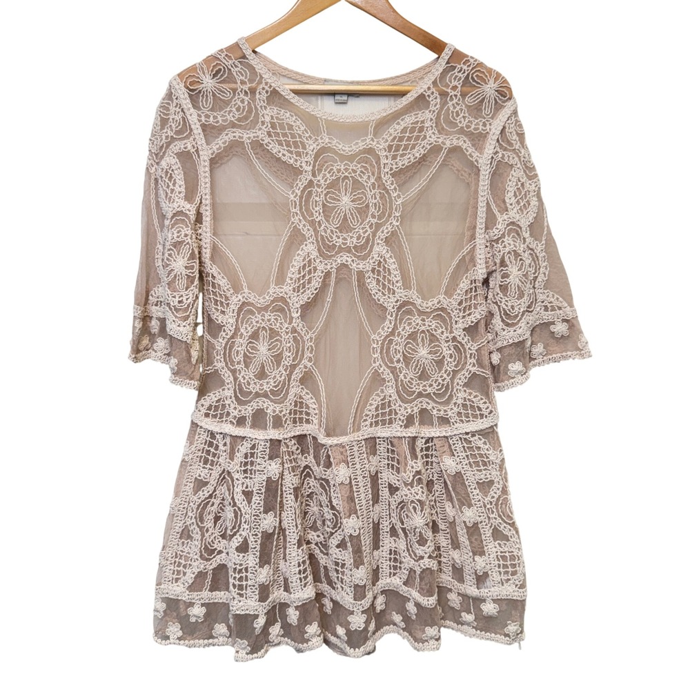 Yaira Womens Lace Mesh Peplum Top XL Beige Floral Crochet Sheer Boho Romantic